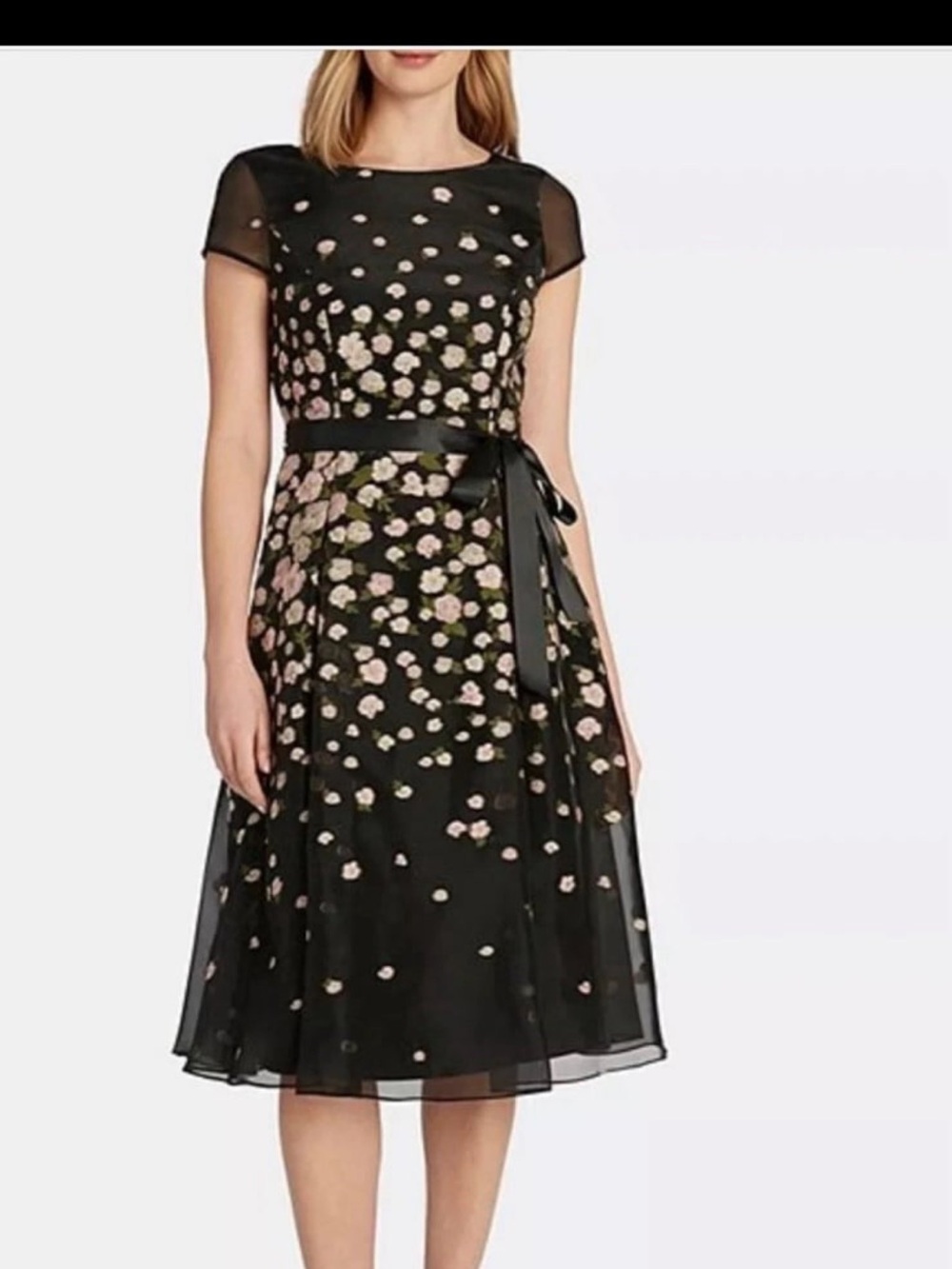 Tahari Black Midi Organza Dress with Pink Floral Embroidery